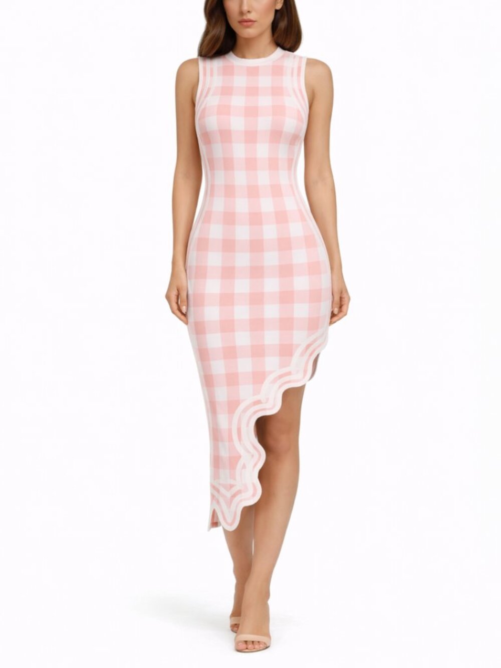 APRICOT PINK GINGHAM BANDAGE ASYMMETIRICAL DRESS